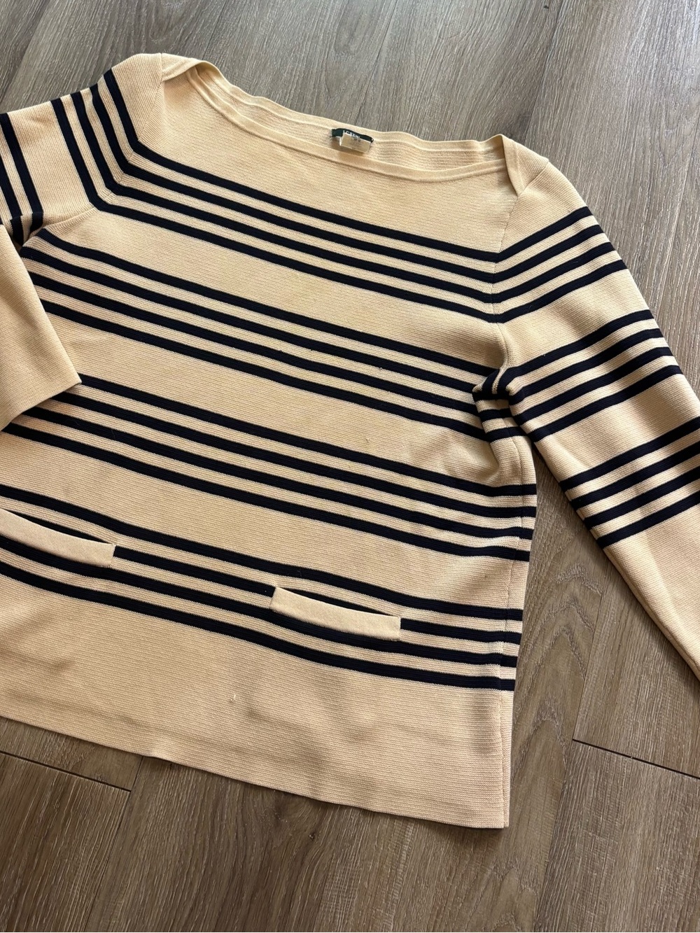 J. Crew Beige and Black Striped Boatneck Knit Top